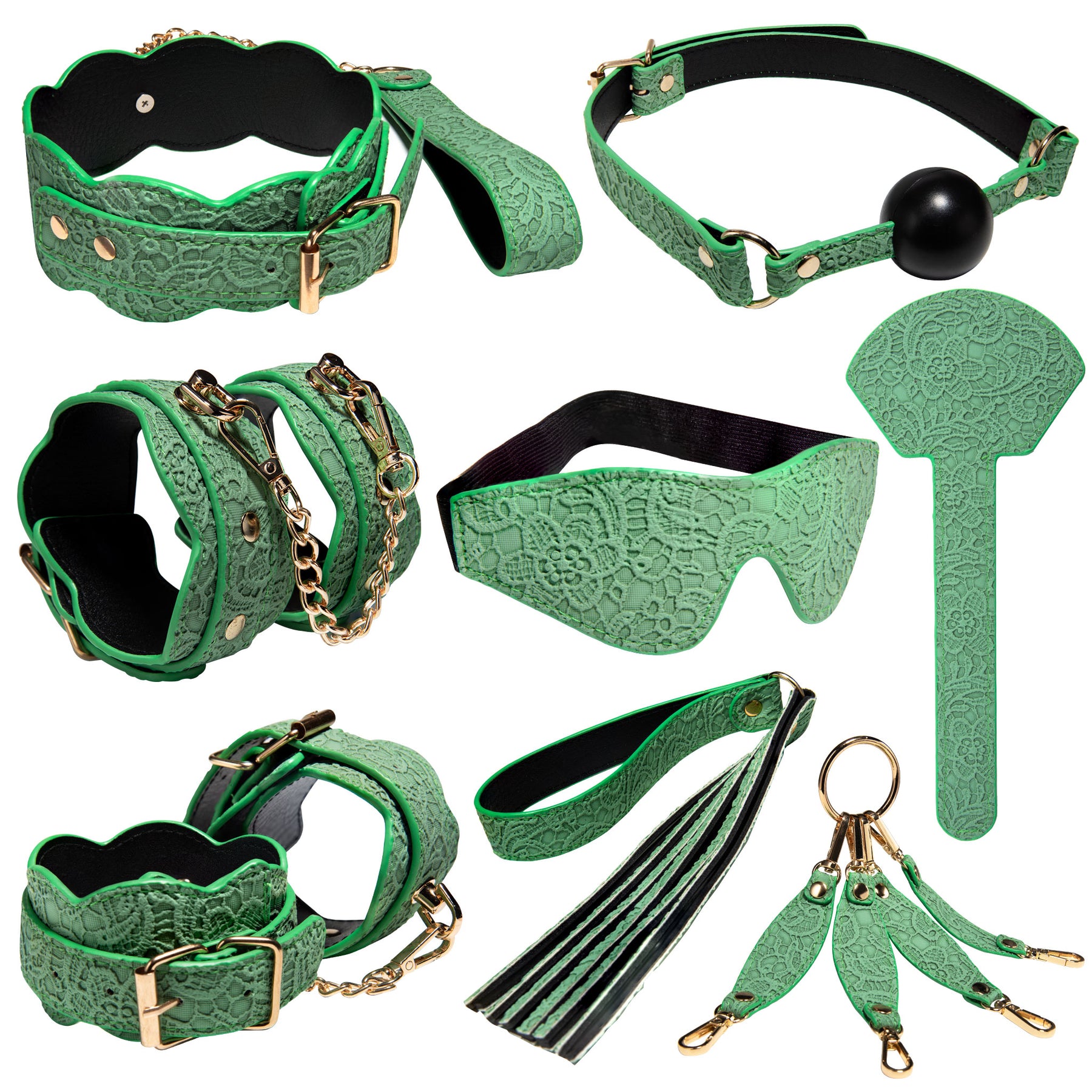 BEING FETISH 7 Pcs BDSM Bondage Restraints Kit Sex Toys Green BEING FETISH 7 Pcs BDSM Bondage Restraints Kit Sex Toys Green